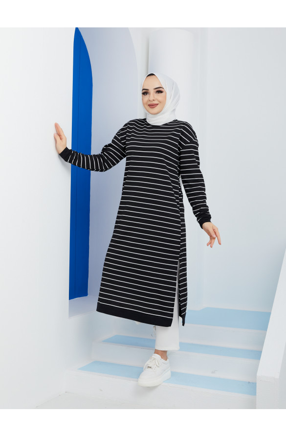 UZUN YAN YIRTMAÇLI ÇİZGİLİ SWEATSHİRT 3025 SİYAH